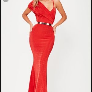 Red drape slinky maxi dress